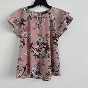 Shein Women Floral Pink With Ruffle Sleeves & Keyhole Neck Blouse Size M